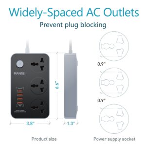 MANTO Power Strip with USB Ports, 3 Widely Spaced AC Outlets and 4 USB (3 QC 3.0 + 1 PD 3.0) Mountable Charging Station with 6.6ft Extension Cord, 2500W/10A Flat Plug for Home Office Dorm, Black