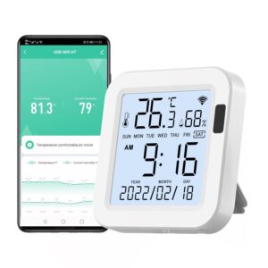 smart temperature and humidity monitor,wifi thermometer hygrometer with app control,large lcd display,backlight,compatible with alexa,notification alerts,remote monitor for greenhouse