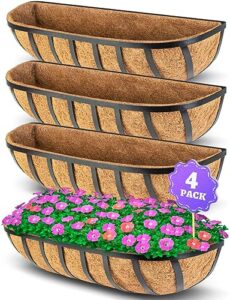 laveve 24’’ window box railing planter with coco liner (4 pack), balcony metal hanging planter bracket with coconut liner for outdoor, fence, porch and patio