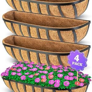 LAVEVE 24’’ Window Box Railing Planter with Coco Liner (4 Pack), Balcony Metal Hanging Planter Bracket with Coconut Liner for Outdoor, Fence, Porch and Patio
