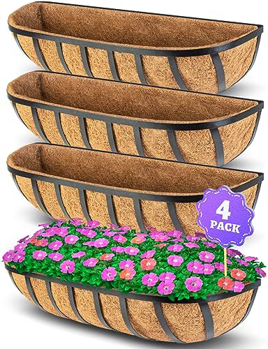 LAVEVE 24’’ Window Box Railing Planter with Coco Liner (4 Pack), Balcony Metal Hanging Planter Bracket with Coconut Liner for Outdoor, Fence, Porch and Patio