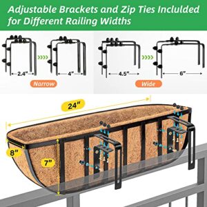 LAVEVE 24’’ Window Box Railing Planter with Coco Liner (4 Pack), Balcony Metal Hanging Planter Bracket with Coconut Liner for Outdoor, Fence, Porch and Patio