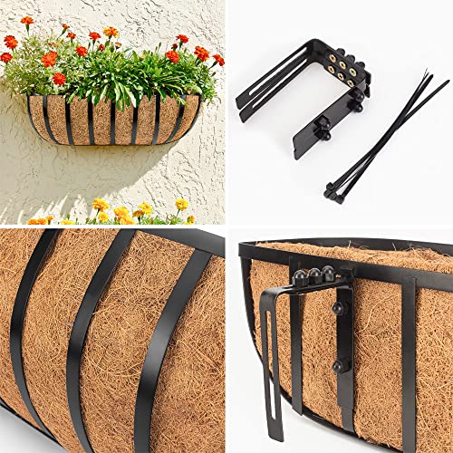 LAVEVE 24’’ Window Box Railing Planter with Coco Liner (4 Pack), Balcony Metal Hanging Planter Bracket with Coconut Liner for Outdoor, Fence, Porch and Patio
