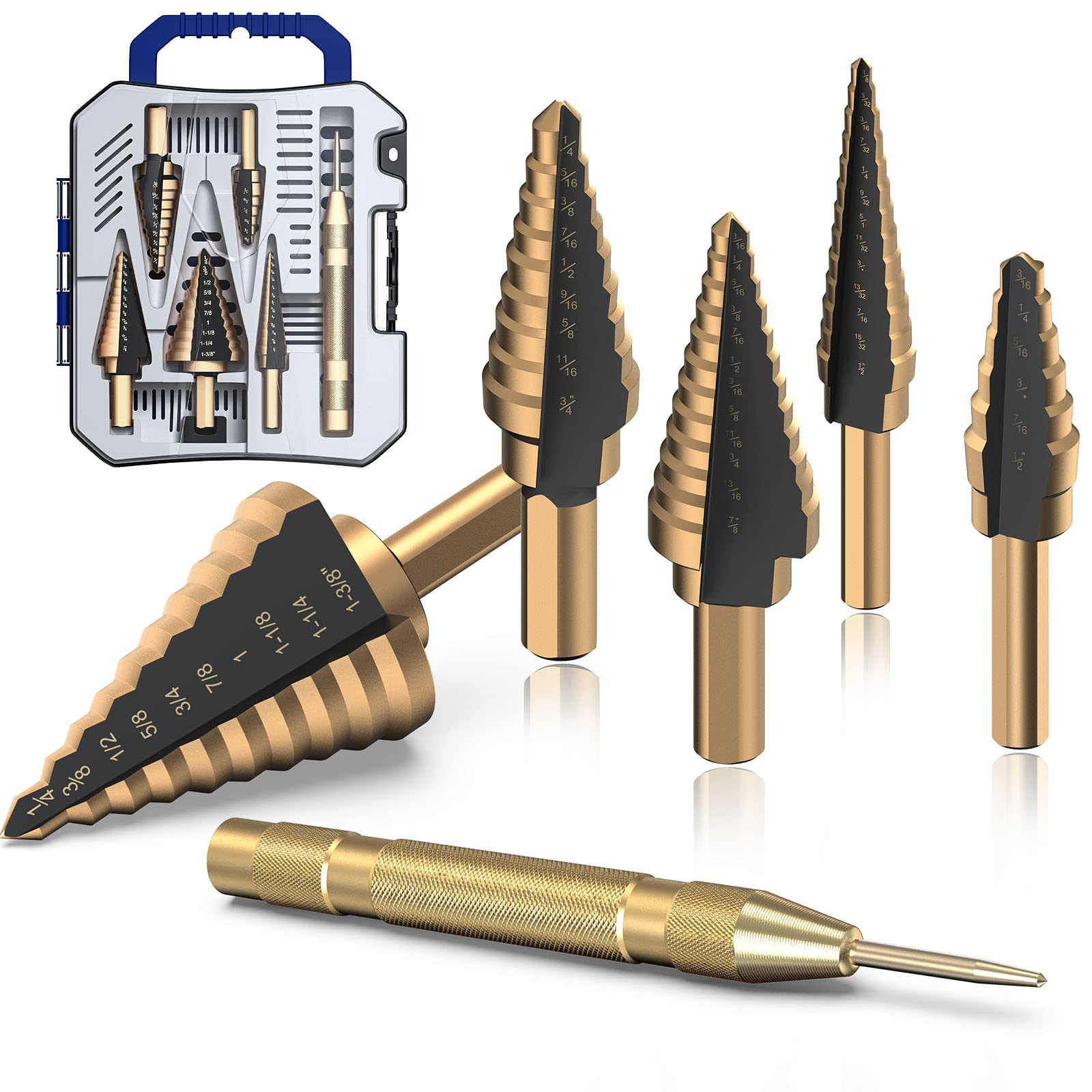 Hss Titanium Step Drill Bit 5pcs,Hss Cobalt Multiple Hole 50 Sizes,Titanium Step Drill Bit Set with Automatic Center Punch,High-Speed Metal Steel Drill Double Cutting Blades Perfect for DIY Hobbyists