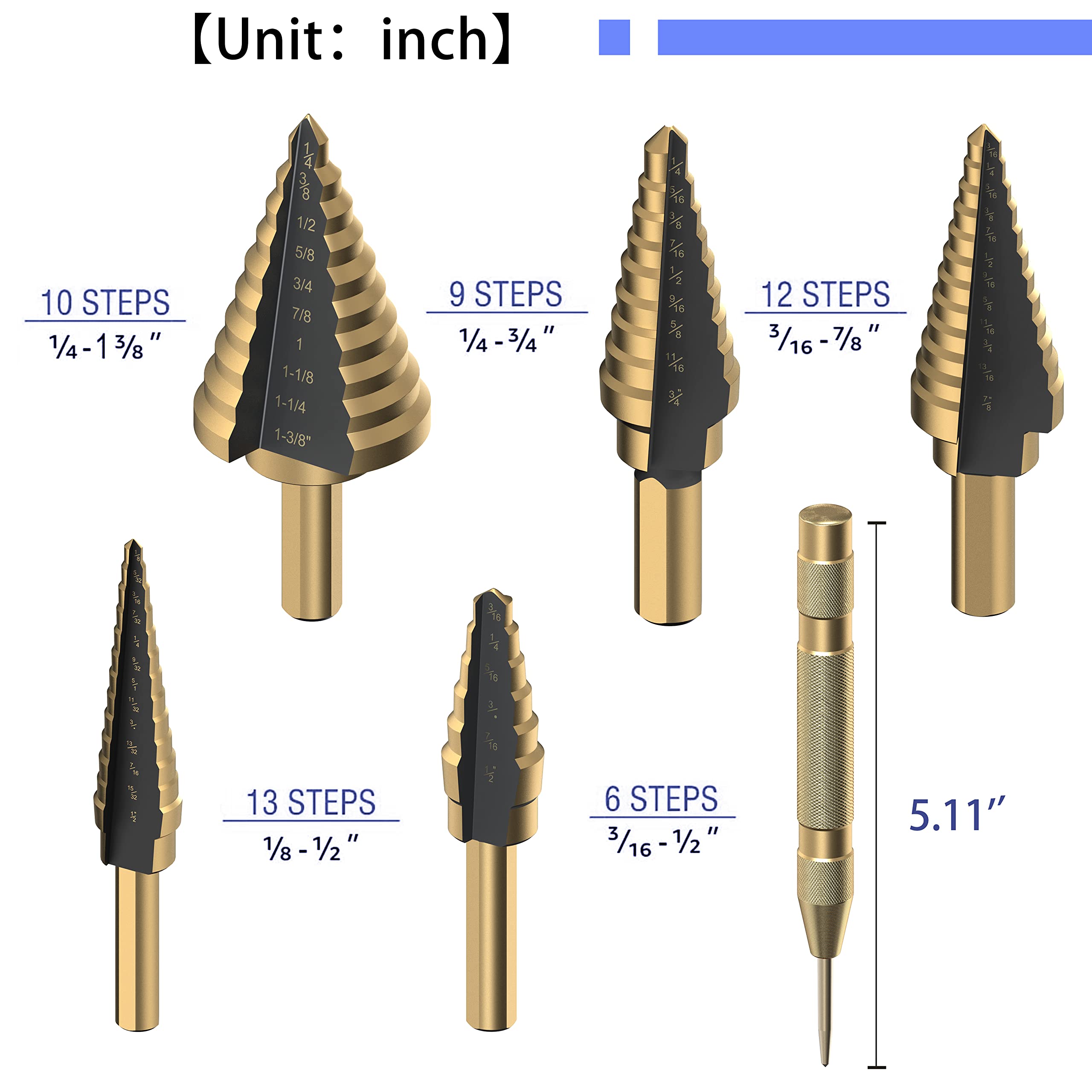 Hss Titanium Step Drill Bit 5pcs,Hss Cobalt Multiple Hole 50 Sizes,Titanium Step Drill Bit Set with Automatic Center Punch,High-Speed Metal Steel Drill Double Cutting Blades Perfect for DIY Hobbyists