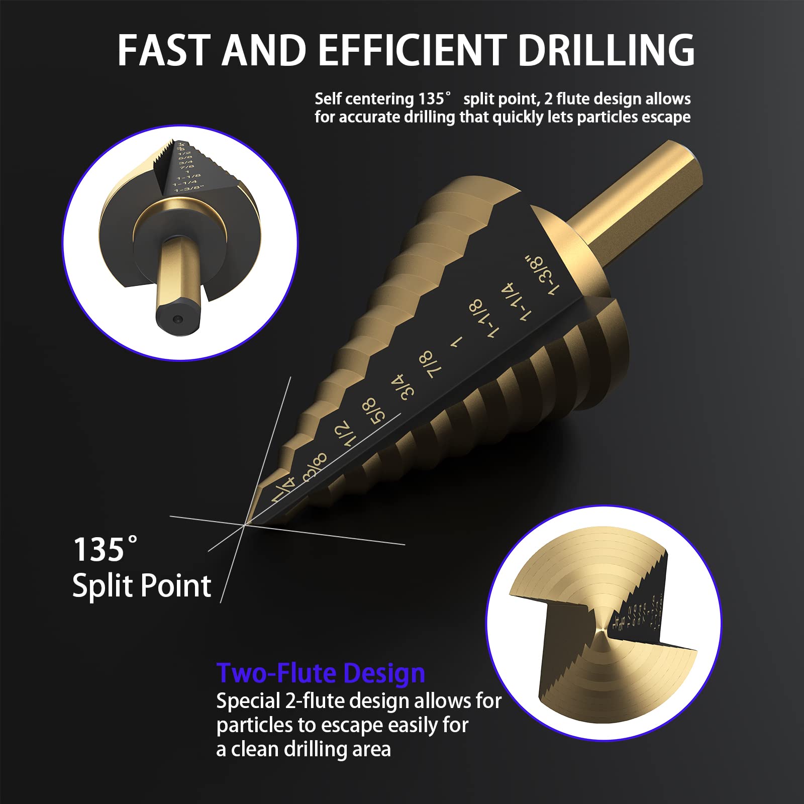 Hss Titanium Step Drill Bit 5pcs,Hss Cobalt Multiple Hole 50 Sizes,Titanium Step Drill Bit Set with Automatic Center Punch,High-Speed Metal Steel Drill Double Cutting Blades Perfect for DIY Hobbyists