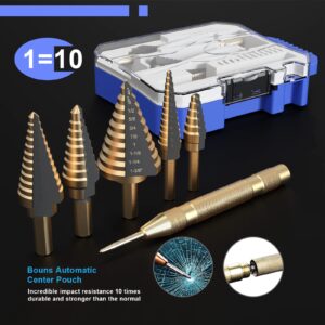 Hss Titanium Step Drill Bit 5pcs,Hss Cobalt Multiple Hole 50 Sizes,Titanium Step Drill Bit Set with Automatic Center Punch,High-Speed Metal Steel Drill Double Cutting Blades Perfect for DIY Hobbyists