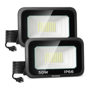 Flora Element 2 Pack 50W LED Flood Lights, 5000LM Super Bright Work Lights with Plug, IP66 Waterproof Security Light, 6000K Daylight White Outdoor Flood Lights for Yard, Garden, Garage.