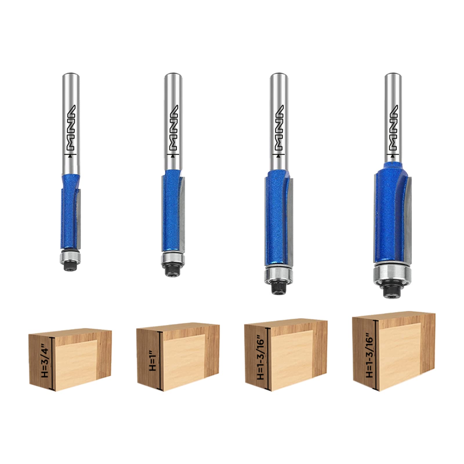 MNA Top Bearing Flush Trimming Bits Set of 4, Straight Flush Trimming Router Bits Set. 1/4" shank. Cut to heights of 1/4", 5/16", 3/8", 1/2". Ideal for trimming shelf edges etc. (Send Bearing)