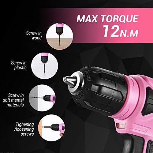 DEKO 8V Cordless Drill, Drill Set with 3/8"Keyless Chuck, 42pcs Acessories, Built-in LED, Type-C Charge Cable, Pink Power Drill for Drilling and Tightening/Loosening Screws