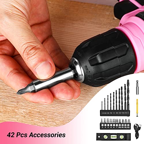 DEKO 8V Cordless Drill, Drill Set with 3/8"Keyless Chuck, 42pcs Acessories, Built-in LED, Type-C Charge Cable, Pink Power Drill for Drilling and Tightening/Loosening Screws