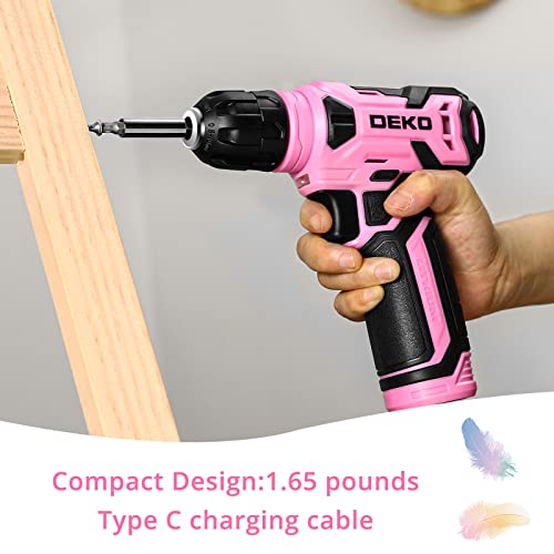 DEKO 8V Cordless Drill, Drill Set with 3/8"Keyless Chuck, 42pcs Acessories, Built-in LED, Type-C Charge Cable, Pink Power Drill for Drilling and Tightening/Loosening Screws