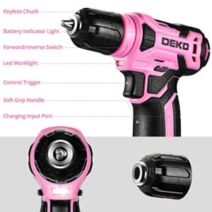 DEKO 8V Cordless Drill, Drill Set with 3/8"Keyless Chuck, 42pcs Acessories, Built-in LED, Type-C Charge Cable, Pink Power Drill for Drilling and Tightening/Loosening Screws