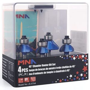 mna 45 degree chamfer bit 4 pcs set,1/4 inch shank cutting diameter in 1/4”, 5/16”, 3/8”, 1/2”.ideal for angled edges, clean edge(send bearing)
