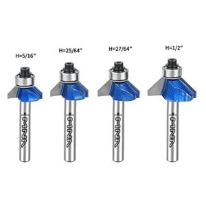 MNA 45 Degree Chamfer Bit 4 Pcs Set,1/4 Inch Shank Cutting Diameter in 1/4”, 5/16”, 3/8”, 1/2”.Ideal for Angled Edges, Clean Edge(Send Bearing)