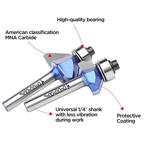 MNA 45 Degree Chamfer Bit 4 Pcs Set,1/4 Inch Shank Cutting Diameter in 1/4”, 5/16”, 3/8”, 1/2”.Ideal for Angled Edges, Clean Edge(Send Bearing)