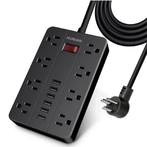 power strip with 6 usb,hunian 5 ft extension cord flat plug with 8 widely spaced outlets overload protection indoor desk charging station surge protector for home and office accessories, black