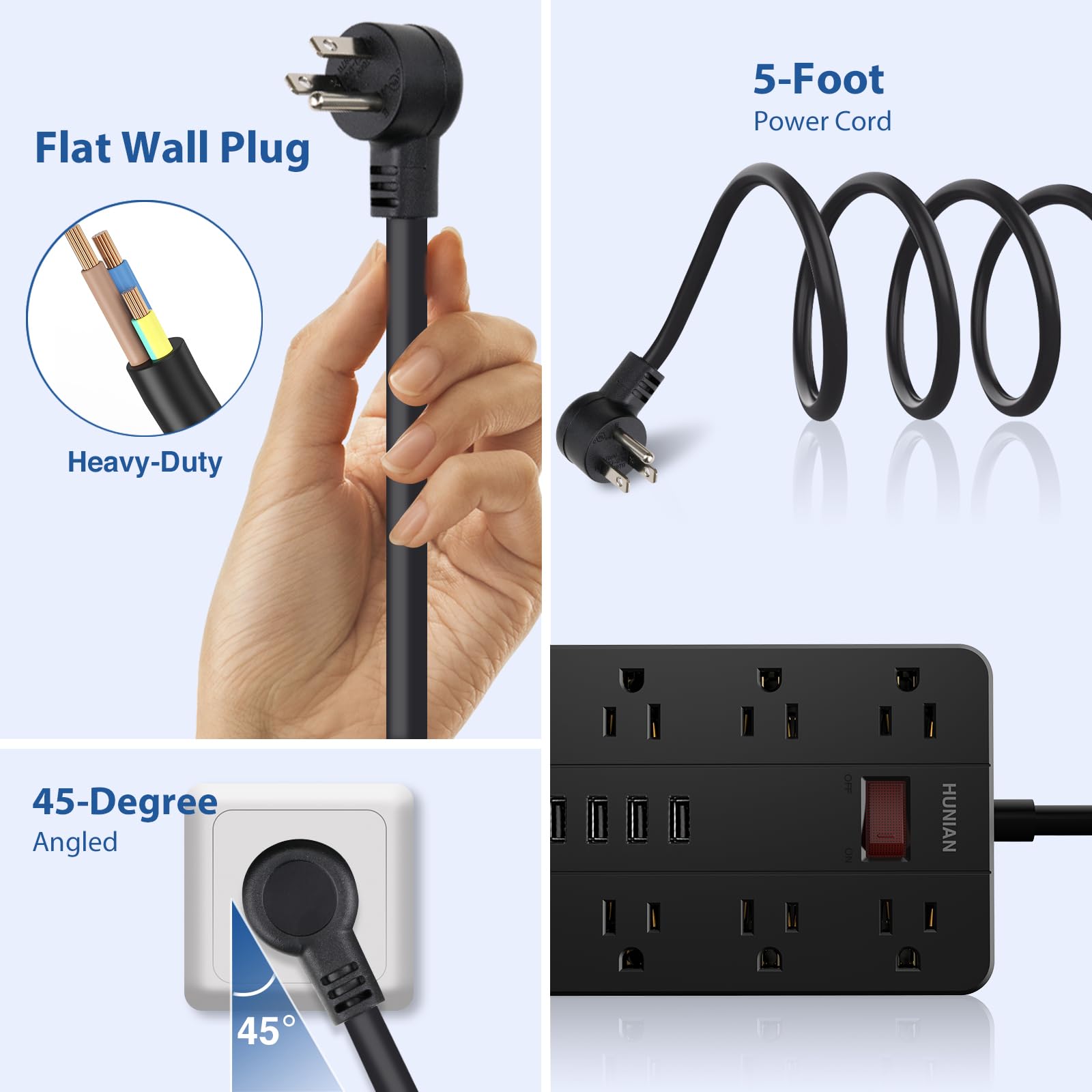 Power Strip with 6 USB,HUNIAN 5 Ft Extension Cord Flat Plug with 8 Widely Spaced Outlets Overload Protection Indoor Desk Charging Station Surge Protector for Home and Office Accessories, Black