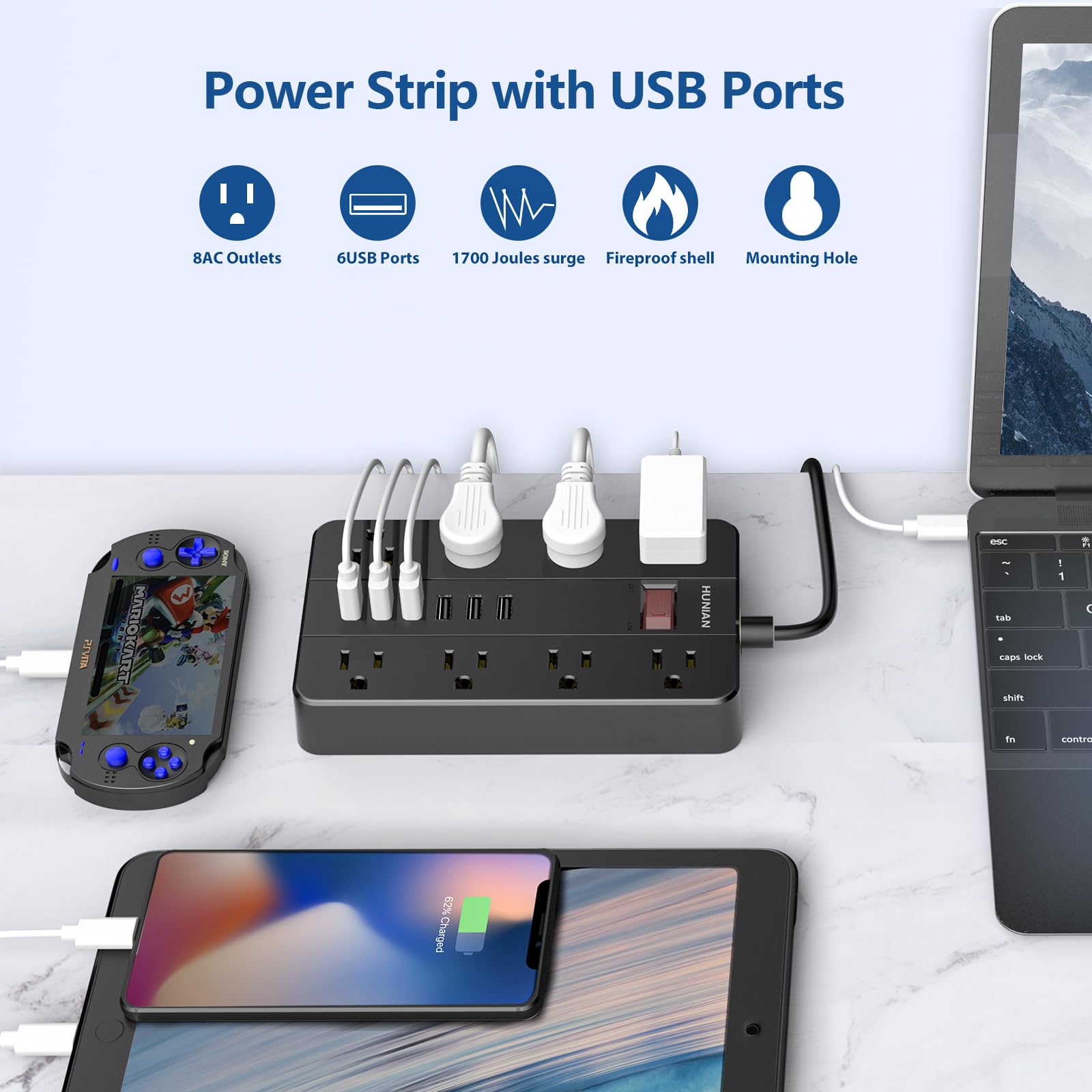 Power Strip with 6 USB,HUNIAN 5 Ft Extension Cord Flat Plug with 8 Widely Spaced Outlets Overload Protection Indoor Desk Charging Station Surge Protector for Home and Office Accessories, Black