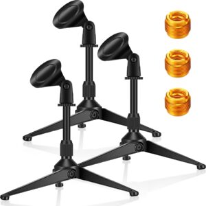 3 pack desktop mic stand portable foldable tripod with mic clip holder adjustable height table microphone stand desk 5/8 inch male to 3/8 inch for dynamic recording podcast