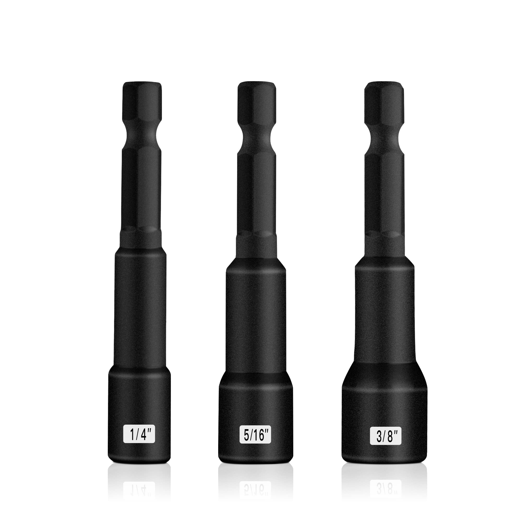 BOEN 1/4 inch Magnetic Nut Driver Set, 3 Piece Impact Drill Driver Bit Set, Size 1/4", 5/16", 3/8", Quick-Change Hex Shank SAE Nut Driver, Cr-V Steel, Black Manganese Phosphate Coating