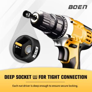 BOEN 1/4 inch Magnetic Nut Driver Set, 3 Piece Impact Drill Driver Bit Set, Size 1/4", 5/16", 3/8", Quick-Change Hex Shank SAE Nut Driver, Cr-V Steel, Black Manganese Phosphate Coating