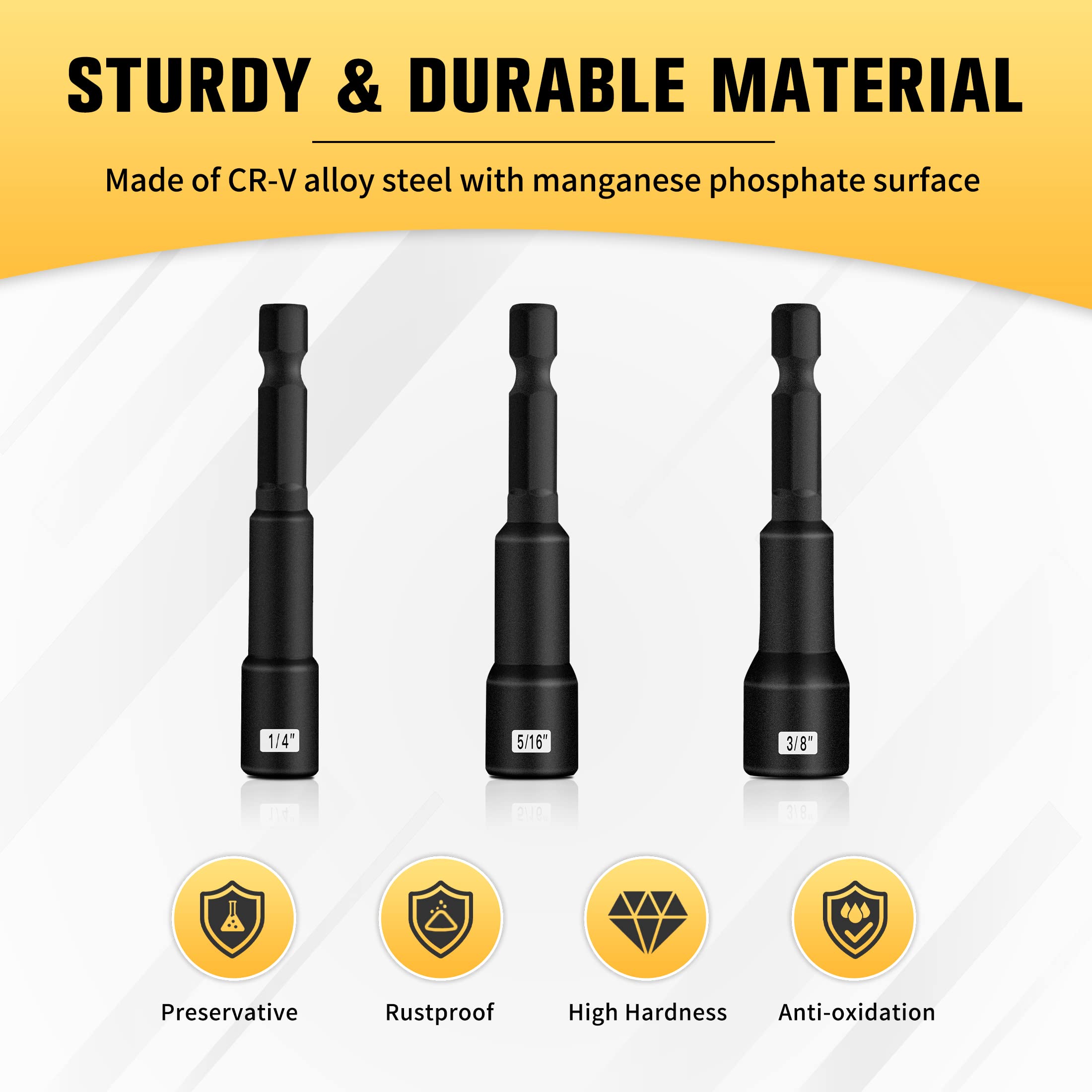 BOEN 1/4 inch Magnetic Nut Driver Set, 3 Piece Impact Drill Driver Bit Set, Size 1/4", 5/16", 3/8", Quick-Change Hex Shank SAE Nut Driver, Cr-V Steel, Black Manganese Phosphate Coating