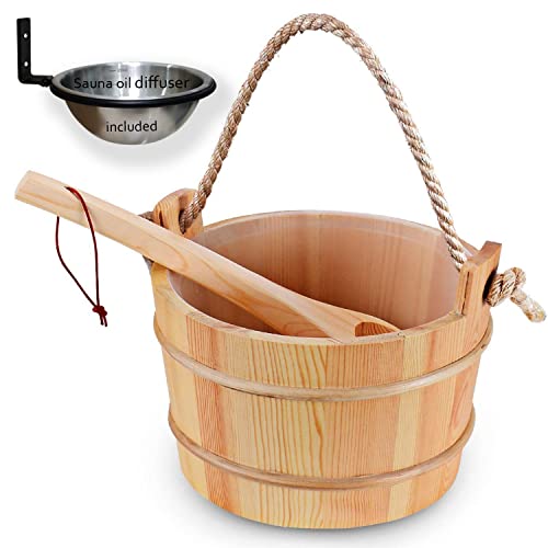 Novalty Sauna Bucket and Ladle Set 5 Liter (1.3 Gallon) Handmade Finnish Pine Wooden Water Bucket with Plastic Liner and Rope Handle with Essential Oil Diffuser Bowl