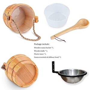 Novalty Sauna Bucket and Ladle Set 5 Liter (1.3 Gallon) Handmade Finnish Pine Wooden Water Bucket with Plastic Liner and Rope Handle with Essential Oil Diffuser Bowl