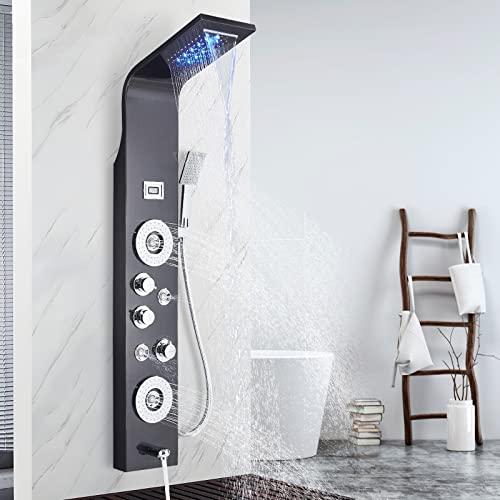 LED Shower Panel Tower System, Full Body Shower Tower System with Jets + Rainfall Waterfall Shower Head + Handheld Shower + Tub Spout, Digital Display Smart shower Spa system, Black…