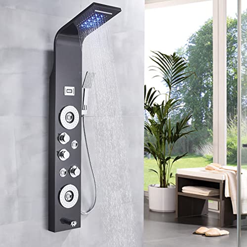 LED Shower Panel Tower System, Full Body Shower Tower System with Jets + Rainfall Waterfall Shower Head + Handheld Shower + Tub Spout, Digital Display Smart shower Spa system, Black…