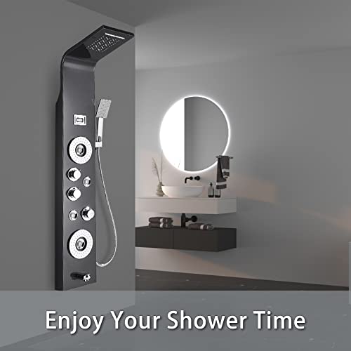 LED Shower Panel Tower System, Full Body Shower Tower System with Jets + Rainfall Waterfall Shower Head + Handheld Shower + Tub Spout, Digital Display Smart shower Spa system, Black…