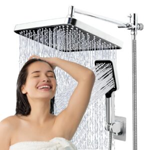 shower head,14”rain shower head with handheld spray combo with on/off pause switch and 11'' angle adjustable extension arm/flow regulator，high pressure nozzle easy to clean bathtub,chrome