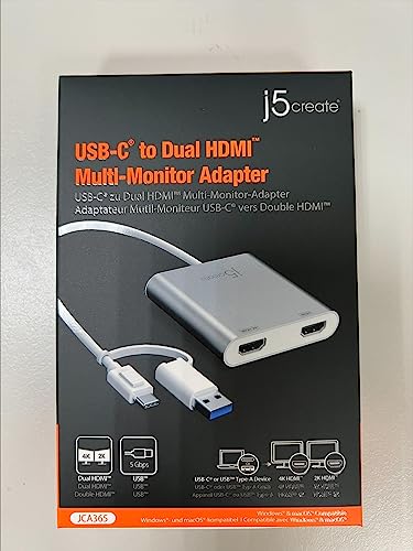 j5create USB-C to Dual HDMI Multi-Monitor Adapter with USB Type-A convertor | 4K + 2K | Compatible with Windows and Mac (JCA365)