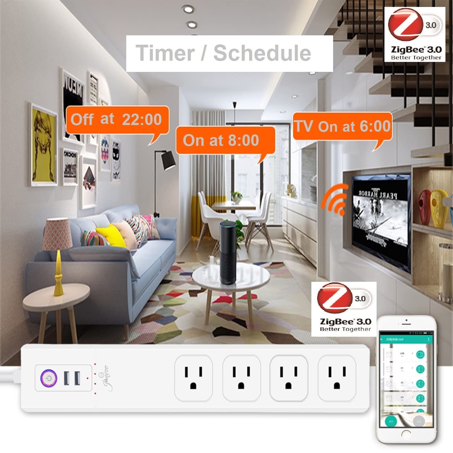 Jinvoo ZigBee Smart Power Strip 5 feet Extension Cord 10A 4 AC Individual Control 2 USB Works with Philips HUE SmartThings Echo 4th Gen Google Home hub is Required White