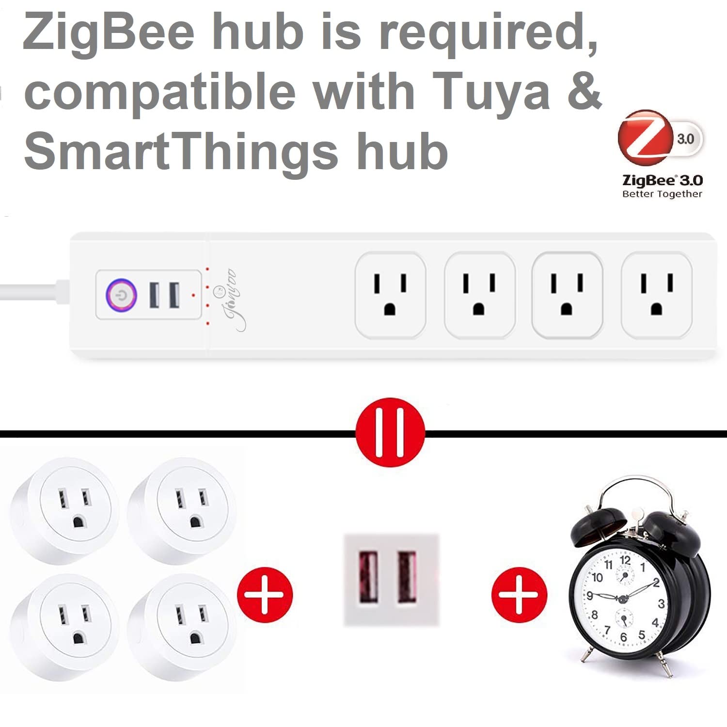 Jinvoo ZigBee Smart Power Strip 5 feet Extension Cord 10A 4 AC Individual Control 2 USB Works with Philips HUE SmartThings Echo 4th Gen Google Home hub is Required White