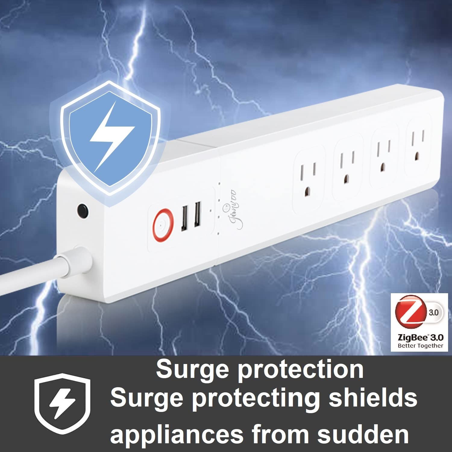 Jinvoo ZigBee Smart Power Strip 5 feet Extension Cord 10A 4 AC Individual Control 2 USB Works with Philips HUE SmartThings Echo 4th Gen Google Home hub is Required White