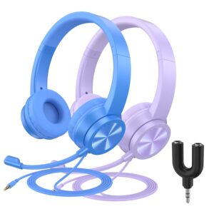 【2 pack】kids headphones with microphone for school, wired headsets with 94db volume limit & sharing splitter for boys/girls, computer headset for smartphones/ipad/ps4/xbox one/pc, blue&purple