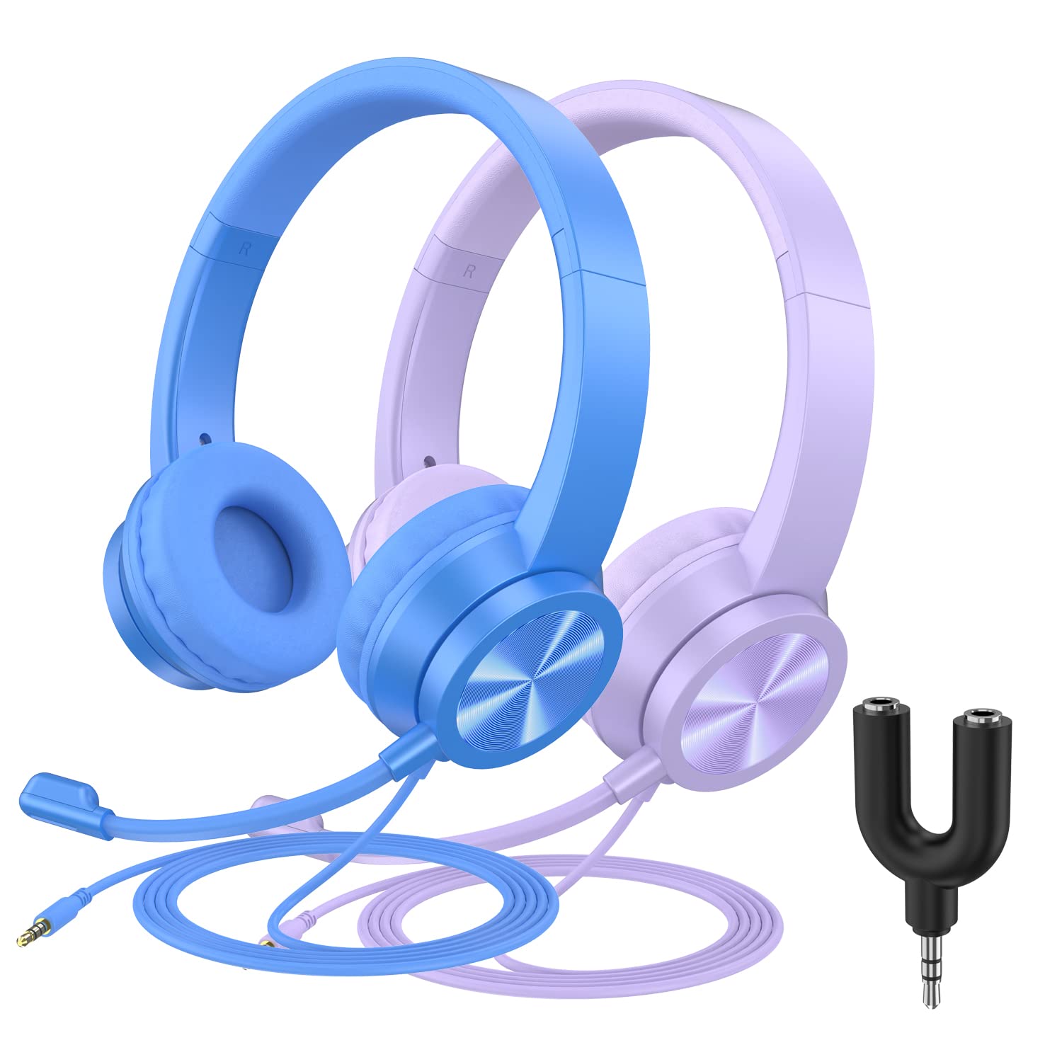 【2 Pack】Kids Headphones with Microphone for School, Wired Headsets with 94dB Volume Limit & Sharing Splitter for Boys/Girls, Computer Headset for Smartphones/iPad/PS4/Xbox One/PC, Blue&Purple