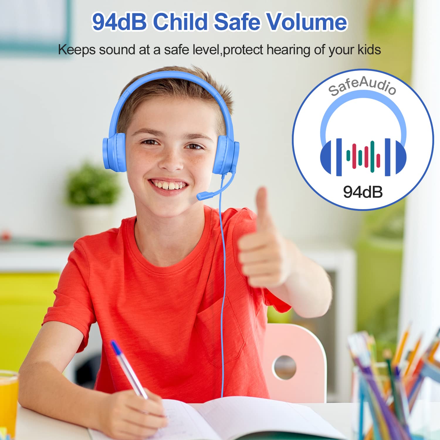 【2 Pack】Kids Headphones with Microphone for School, Wired Headsets with 94dB Volume Limit & Sharing Splitter for Boys/Girls, Computer Headset for Smartphones/iPad/PS4/Xbox One/PC, Blue&Purple