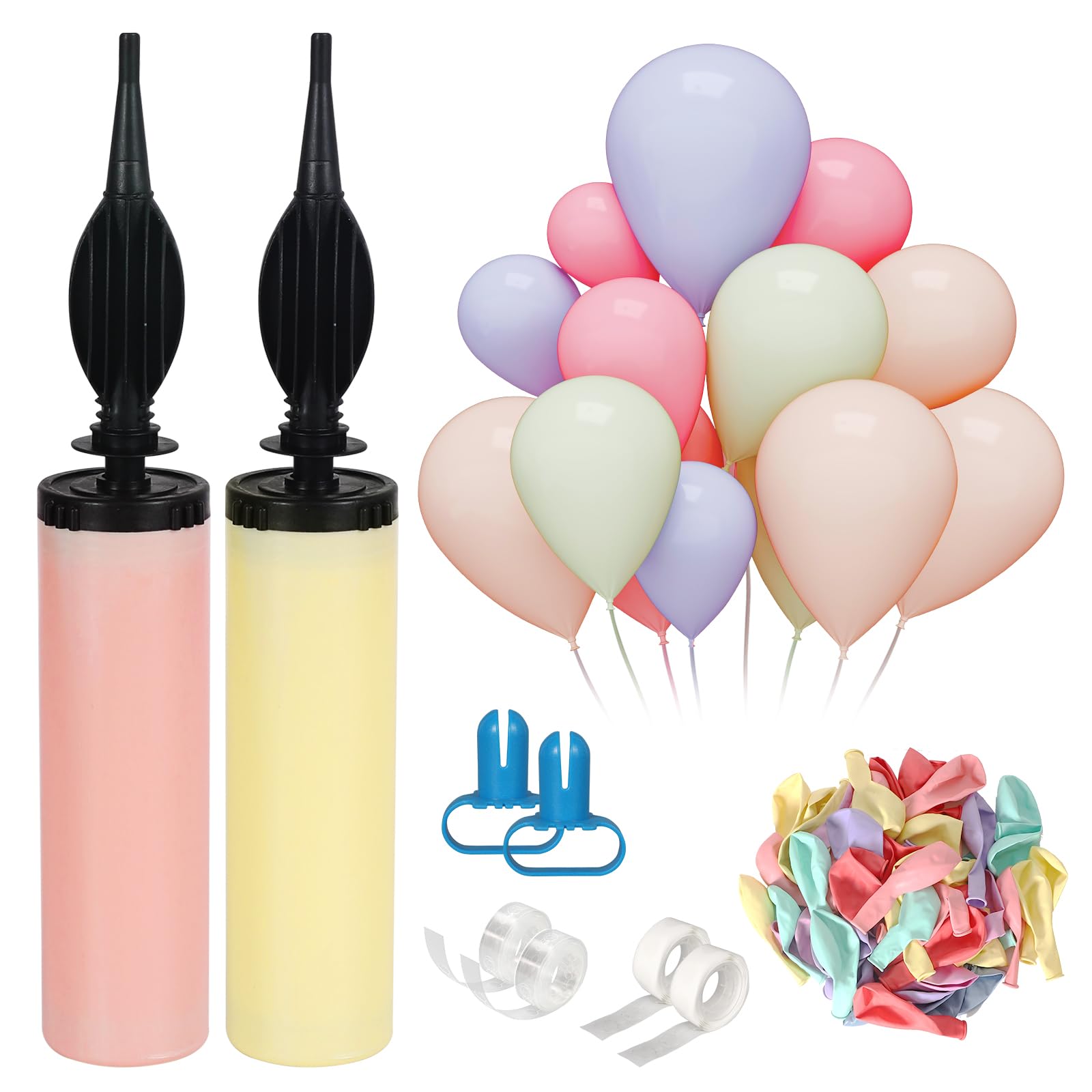 Balloon Pump Hand Held 2 Pack 2-Way Dual Action Inflator Air Pump for Balloons, Manual Balloon Inflators Machine with 100pcs Balloons, 32.8Ft Tape Strip, 2pcs Tying Tool, 200 Dot Glue for Party DIY