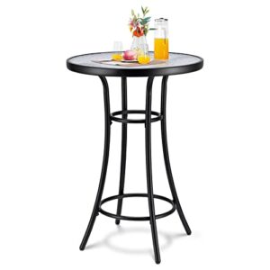 kingdely outdoor bar height bistro table, round tempered glass patio table, steel frame patio furniture for backyard, lawn, balcony, pool, black