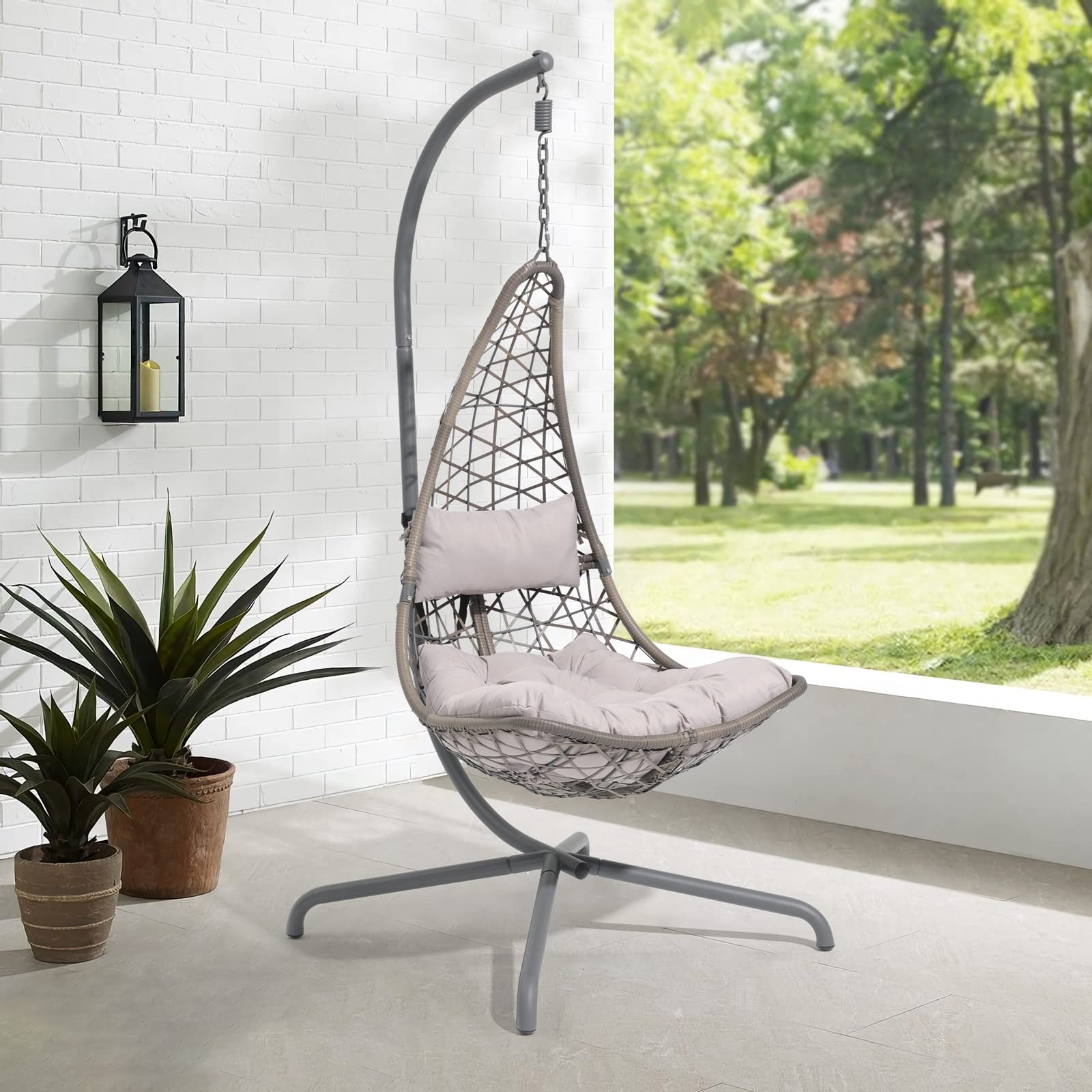 COBANA Hanging Egg Chair with Stand, Indoor Outdoor Patio Wicker Swing Chair with Cushion for Outside, Bedroom, Porch, Gray