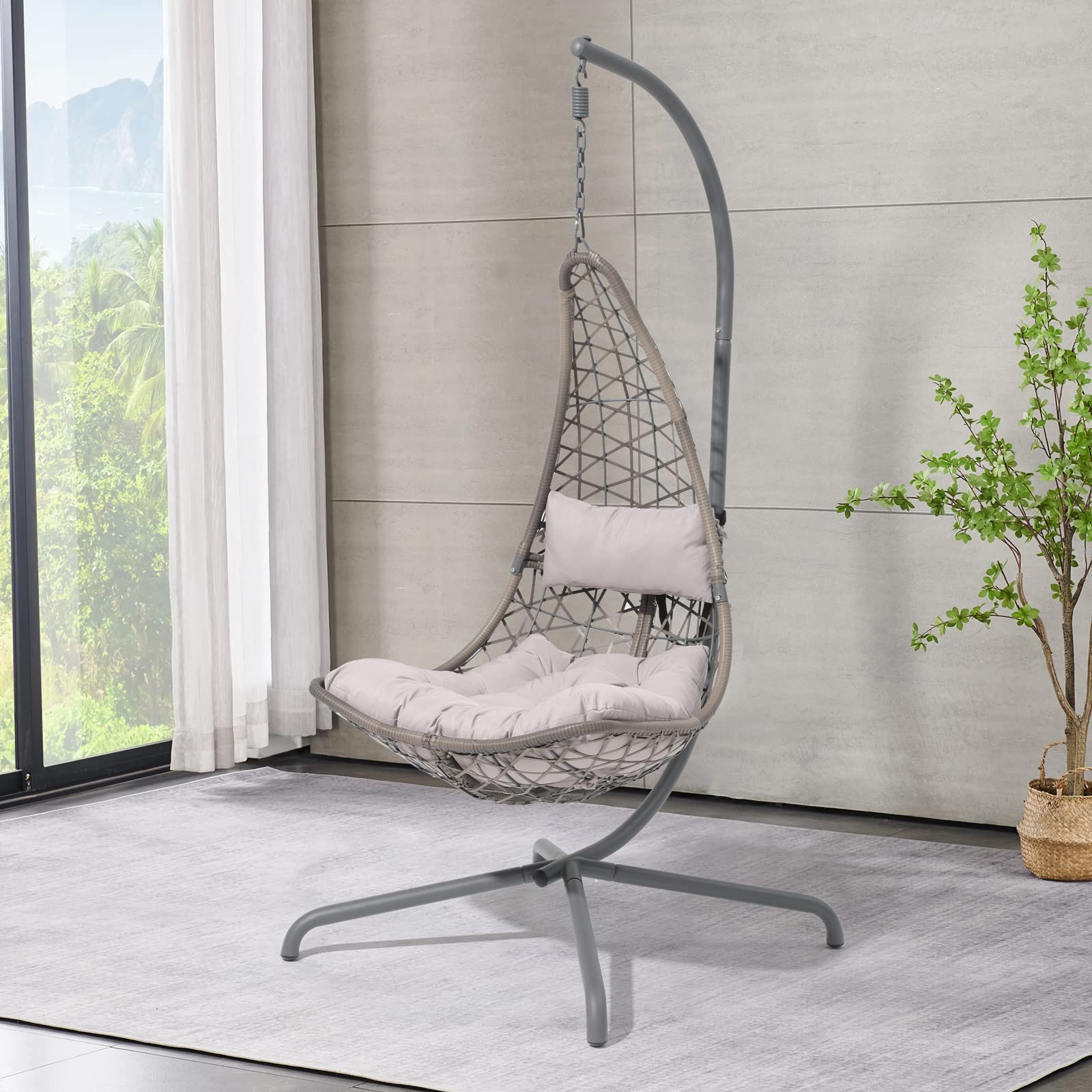 COBANA Hanging Egg Chair with Stand, Indoor Outdoor Patio Wicker Swing Chair with Cushion for Outside, Bedroom, Porch, Gray