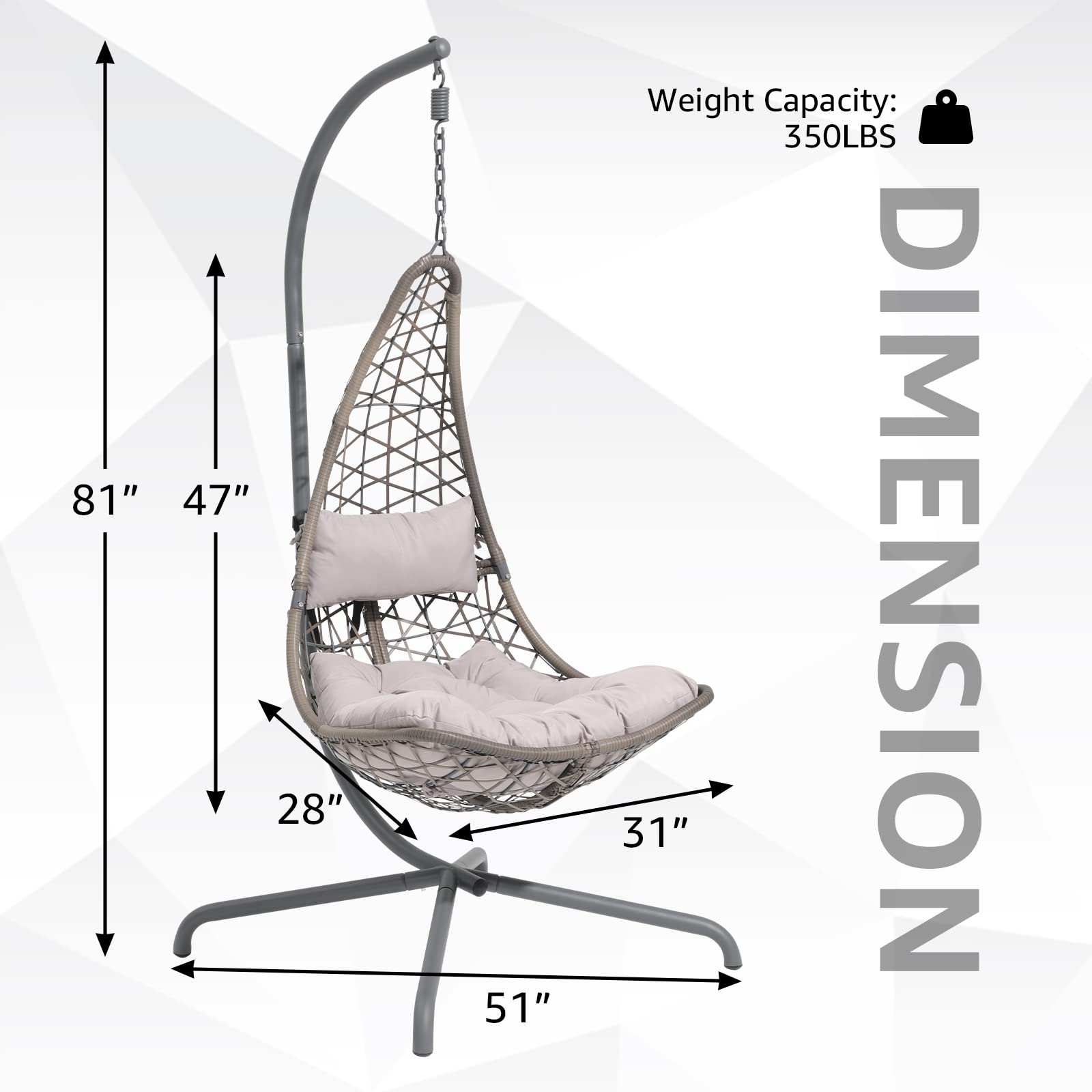 COBANA Hanging Egg Chair with Stand, Indoor Outdoor Patio Wicker Swing Chair with Cushion for Outside, Bedroom, Porch, Gray