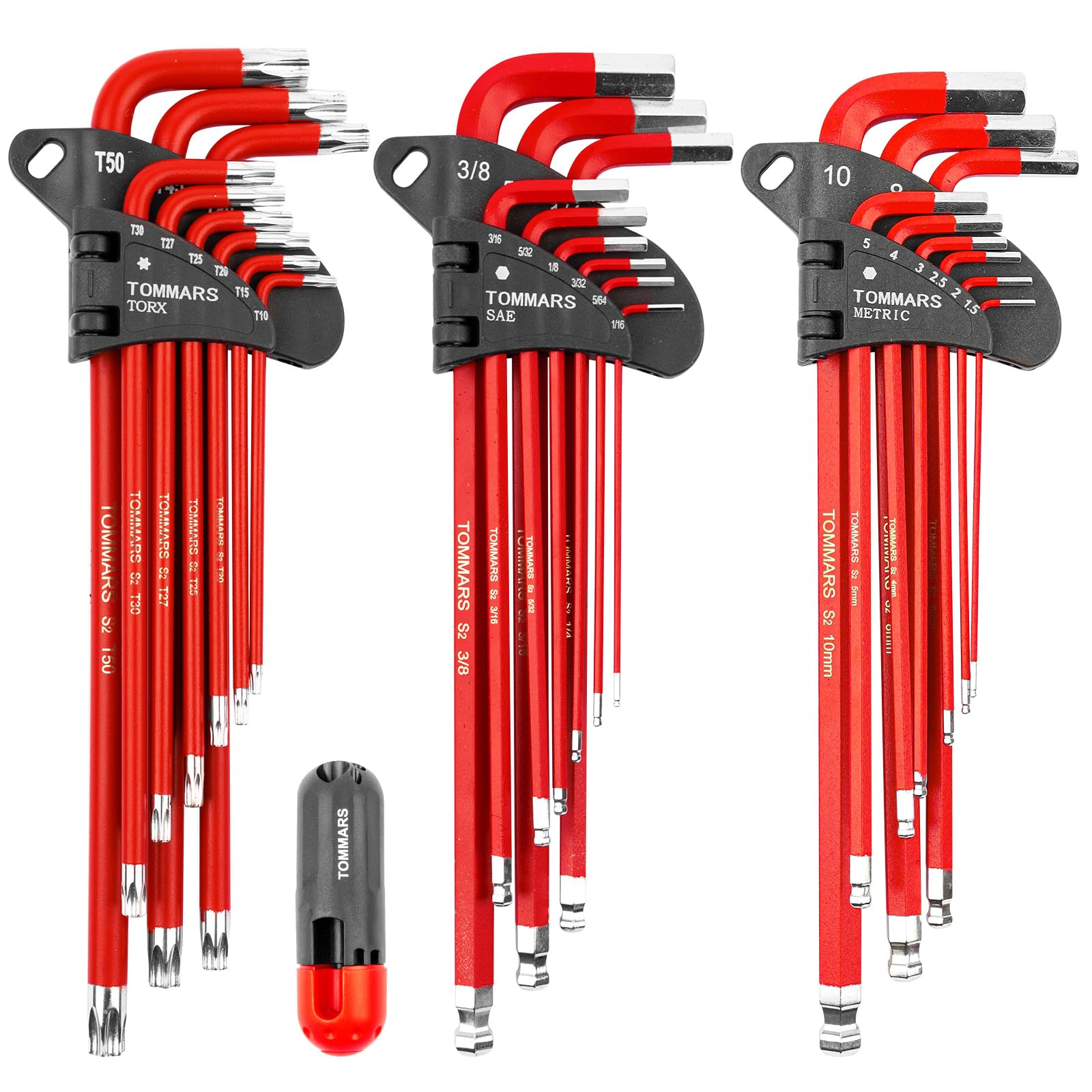 TOMMARS Hex Key Set Magnetic Ball End S2 Steel With T-Handle Hex Key Allen Wrench Set SAE(1/16"-3/8") Metric(1.5mm-10mm) TORX(T10-T50)