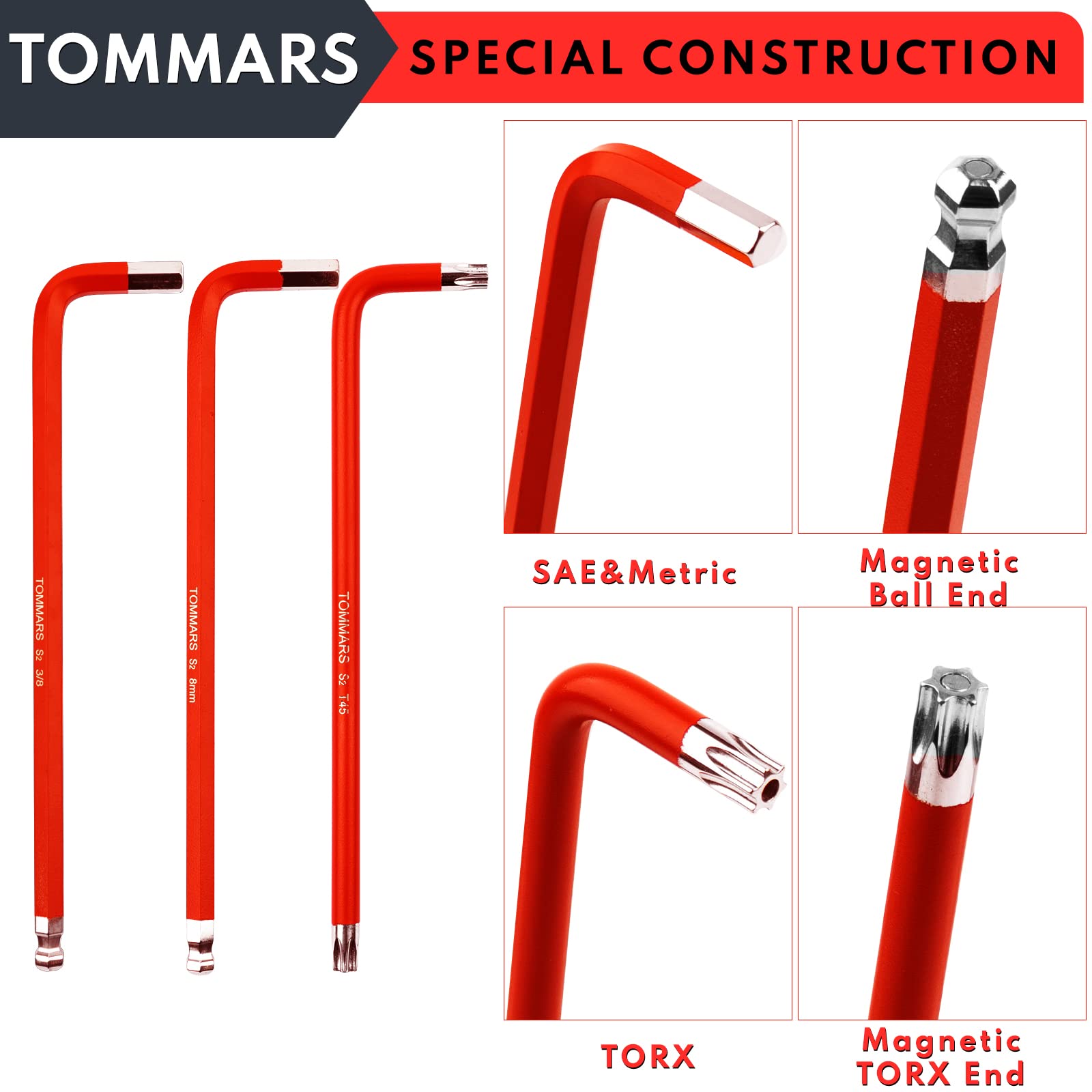 TOMMARS Hex Key Set Magnetic Ball End S2 Steel With T-Handle Hex Key Allen Wrench Set SAE(1/16"-3/8") Metric(1.5mm-10mm) TORX(T10-T50)