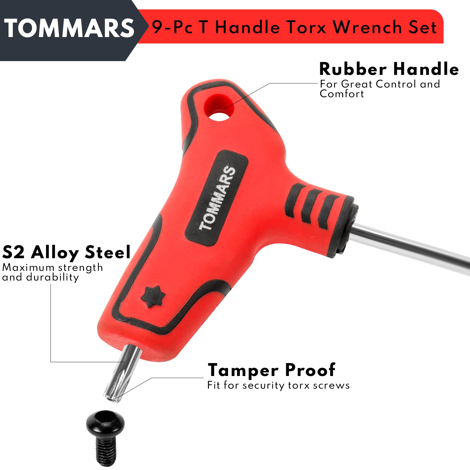 TOMMARS 9PC T Handle Torx Wrench Set, S2 Steel, T10 - T50 Tamper Proof Star Key Set