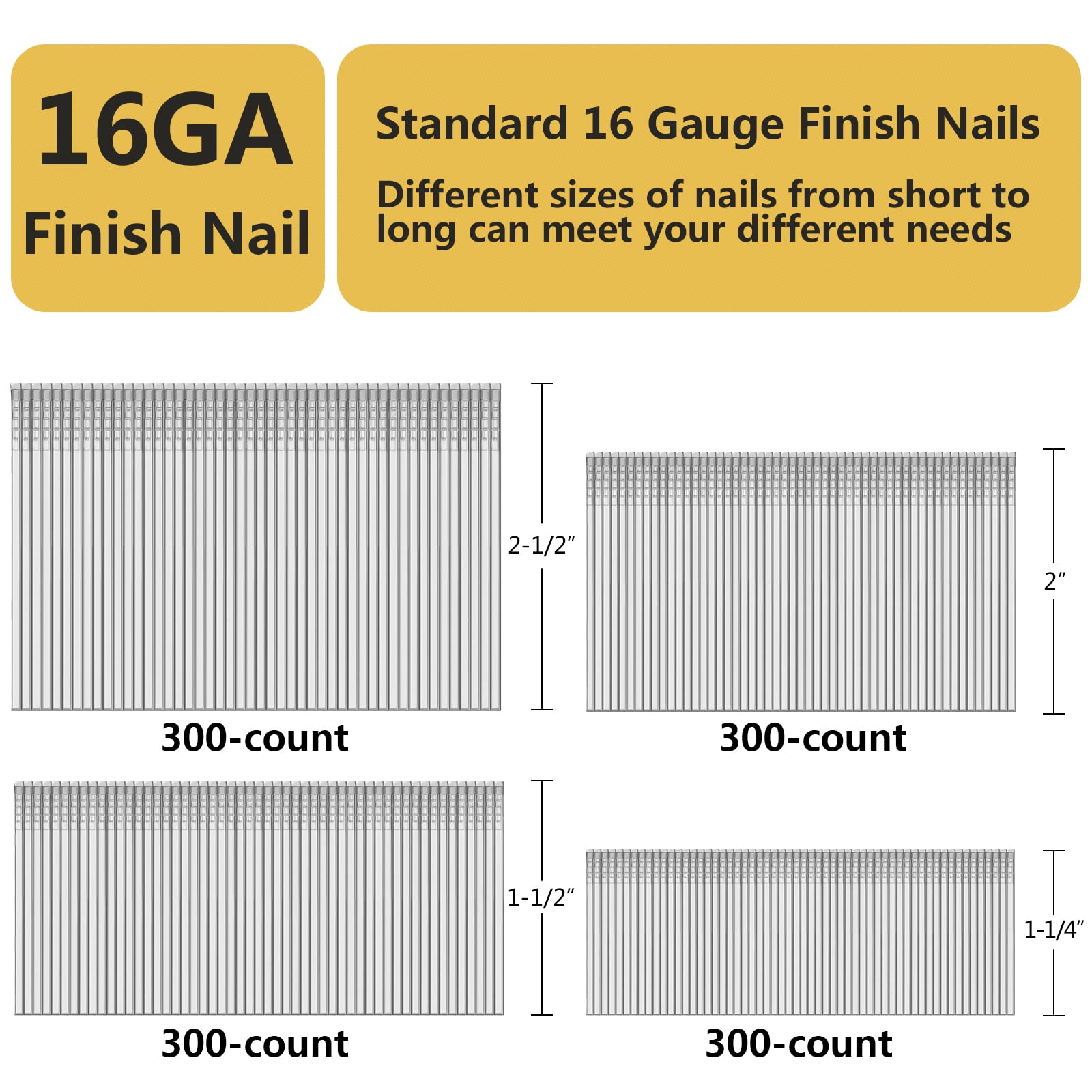 SimCos 16 Gauge Straight Finish Nails,1-1/4", 1-1/2", 2", 2-1/2", Assorted Size Project Pack for Pneumatic, Electric Finish Nailer or Nail Gun (Galvanized Steel)