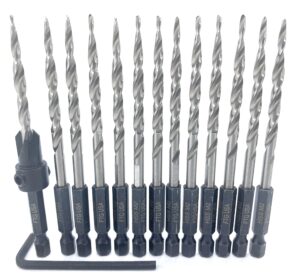 ftg usa wood countersink tapered drill bit #8 (11/64") adjustable depth woodworking taper point hss m2 with 12 pc replacement tapered countersink bit #8 (11/64"), ¼” quick change shank